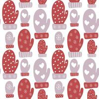 Red and purple mittens of different sizes with a winter ornament on a white background as a pattern for banners, textiles, wrapping paper, decor. Seamless pttern vector