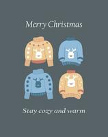 Merry Christmas greeting card for the New Year with cozy vintage sweaters. Cute and cozy greeting card vector