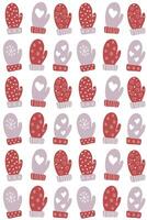 Red and purple mittens of the same size with a winter ornament on a white background in a horizontal order as a pattern for a banner, textiles, wrapping paper, decor vector