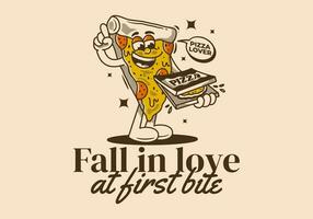 Fall in love at first bite. Character of pizza holding a box pizza vector