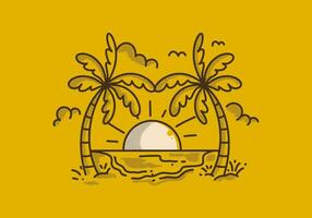 Retro line art illustration of a beach with big sun vector