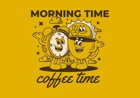 Mañana tiempo, café tiempo. mascota personaje de café taza, alarma reloj y un Dom vector