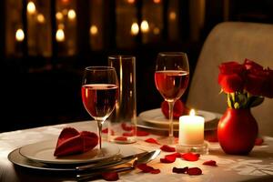 ai generado mesa decorado para un romántico cena con dos champán anteojos, ramo de flores de rojo rosas o vela concepto por ai generado foto
