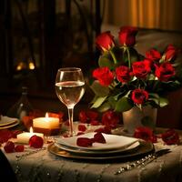 ai generado mesa decorado para un romántico cena con dos champán anteojos, ramo de flores de rojo rosas o vela concepto por ai generado foto