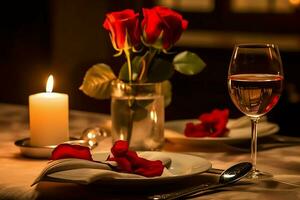 ai generado mesa decorado para un romántico cena con dos champán anteojos, ramo de flores de rojo rosas o vela concepto por ai generado foto