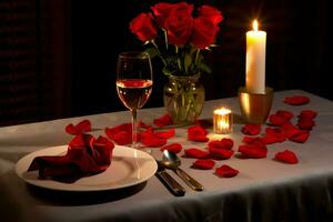 ai generado mesa decorado para un romántico cena con dos champán anteojos, ramo de flores de rojo rosas o vela concepto por ai generado foto