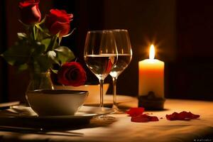 ai generado mesa decorado para un romántico cena con dos champán anteojos, ramo de flores de rojo rosas o vela concepto por ai generado foto