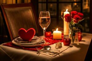 AI generated Table decorated for a romantic dinner with two champagne glasses, bouquet of red roses or candle concept by AI Generated photo