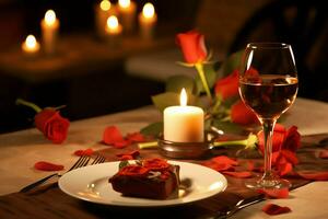 ai generado mesa decorado para un romántico cena con dos champán anteojos, ramo de flores de rojo rosas o vela concepto por ai generado foto