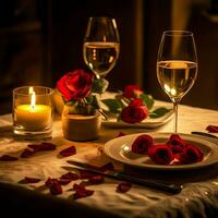 ai generado mesa decorado para un romántico cena con dos champán anteojos, ramo de flores de rojo rosas o vela concepto por ai generado foto