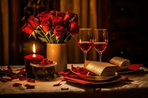 ai generado mesa decorado para un romántico cena con dos champán anteojos, ramo de flores de rojo rosas o vela concepto por ai generado foto