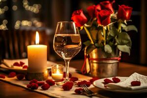 ai generado mesa decorado para un romántico cena con dos champán anteojos, ramo de flores de rojo rosas o vela concepto por ai generado foto