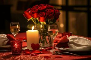 AI generated Table decorated for a romantic dinner with two champagne glasses, bouquet of red roses or candle concept by AI Generated photo