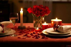 ai generado mesa decorado para un romántico cena con dos champán anteojos, ramo de flores de rojo rosas o vela concepto por ai generado foto