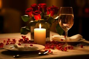 AI generated Table decorated for a romantic dinner with two champagne glasses, bouquet of red roses or candle concept by AI Generated photo