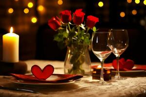 AI generated Table decorated for a romantic dinner with two champagne glasses, bouquet of red roses or candle concept by AI Generated photo