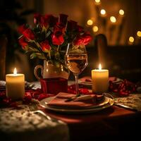 AI generated Table decorated for a romantic dinner with two champagne glasses, bouquet of red roses or candle concept by AI Generated photo