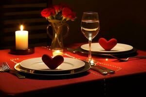 ai generado mesa decorado para un romántico cena con dos champán anteojos, ramo de flores de rojo rosas o vela concepto por ai generado foto