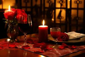 ai generado mesa decorado para un romántico cena con dos champán anteojos, ramo de flores de rojo rosas o vela concepto por ai generado foto