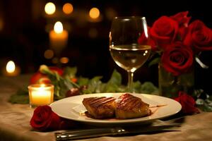 ai generado mesa decorado para un romántico cena con dos champán anteojos, ramo de flores de rojo rosas o vela concepto por ai generado foto