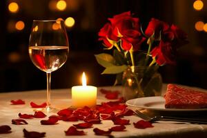 AI generated Table decorated for a romantic dinner with two champagne glasses, bouquet of red roses or candle concept by AI Generated photo