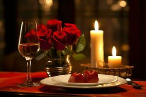 ai generado mesa decorado para un romántico cena con dos champán anteojos, ramo de flores de rojo rosas o vela concepto por ai generado foto