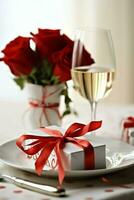 AI generated Table decorated for a romantic dinner with two champagne glasses, bouquet of red roses or candle concept by AI Generated photo