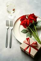 ai generado mesa decorado para un romántico cena con dos champán anteojos, ramo de flores de rojo rosas o vela concepto por ai generado foto