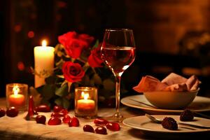 ai generado mesa decorado para un romántico cena con dos champán anteojos, ramo de flores de rojo rosas o vela concepto por ai generado foto