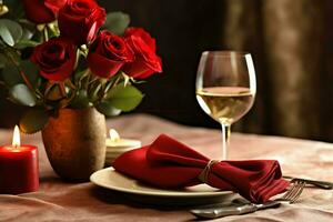 AI generated Table decorated for a romantic dinner with two champagne glasses, bouquet of red roses or candle concept by AI Generated photo