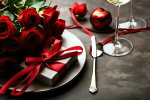 AI generated Table decorated for a romantic dinner with two champagne glasses, bouquet of red roses or candle concept by AI Generated photo