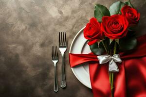 ai generado mesa decorado para un romántico cena con dos champán anteojos, ramo de flores de rojo rosas o vela concepto por ai generado foto