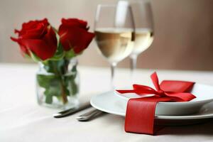 AI generated Table decorated for a romantic dinner with two champagne glasses, bouquet of red roses or candle concept by AI Generated photo