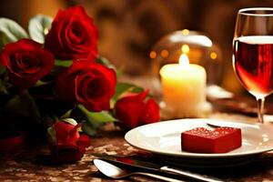 AI generated Table decorated for a romantic dinner with two champagne glasses, bouquet of red roses or candle concept by AI Generated photo