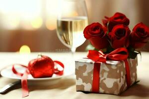 AI generated Table decorated for a romantic dinner with two champagne glasses, bouquet of red roses or candle concept by AI Generated photo