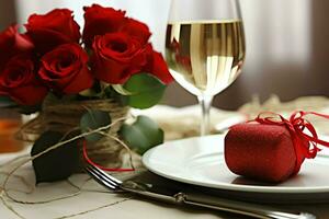 ai generado mesa decorado para un romántico cena con dos champán anteojos, ramo de flores de rojo rosas o vela concepto por ai generado foto