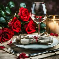 AI generated Table decorated for a romantic dinner with two champagne glasses, bouquet of red roses or candle concept by AI Generated photo