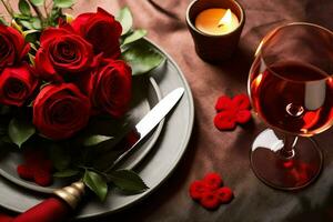 AI generated Table decorated for a romantic dinner with two champagne glasses, bouquet of red roses or candle concept by AI Generated photo