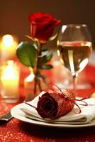 AI generated Table decorated for a romantic dinner with two champagne glasses, bouquet of red roses or candle concept by AI Generated photo