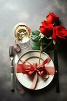 AI generated Table decorated for a romantic dinner with two champagne glasses, bouquet of red roses or candle concept by AI Generated photo