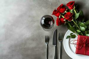 ai generado mesa decorado para un romántico cena con dos champán anteojos, ramo de flores de rojo rosas o vela concepto por ai generado foto