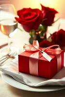 AI generated Table decorated for a romantic dinner with two champagne glasses, bouquet of red roses or candle concept by AI Generated photo