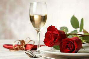 ai generado mesa decorado para un romántico cena con dos champán anteojos, ramo de flores de rojo rosas o vela concepto por ai generado foto