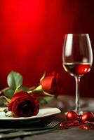 AI generated Table decorated for a romantic dinner with two champagne glasses, bouquet of red roses or candle concept by AI Generated photo