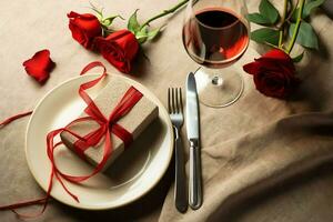 ai generado mesa decorado para un romántico cena con dos champán anteojos, ramo de flores de rojo rosas o vela concepto por ai generado foto