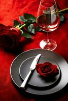 ai generado mesa decorado para un romántico cena con dos champán anteojos, ramo de flores de rojo rosas o vela concepto por ai generado foto