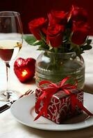 AI generated Table decorated for a romantic dinner with two champagne glasses, bouquet of red roses or candle concept by AI Generated photo