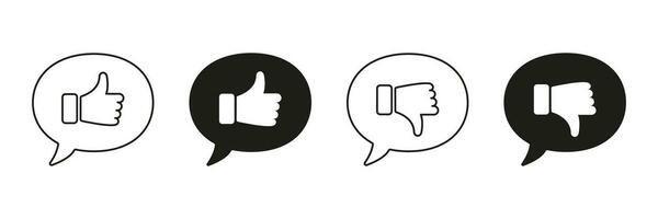 Thumb Up and Down Line and Silhouette Icon Set. Good and Bad Gestures in Speech Bubble Symbols. Social Media Black Sign Collection. Like and Dislike Pictogram. Isolated Vector Illustration.