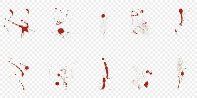 Blood Drip Spatter Set. Paint Ink Stain Texture. Red Grunge Splash. Abstract Messy Splat Pattern on Transparent Background. Bloodstain Splatter, Crime Mark Collection. Isolated Vector Illustration.