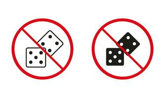 Dice Not Allowed Line and Silhouette Black Icon Set. Forbidden Gambling Bet Pictogram. Prohibited Dice, No Play in Backgammon Sign. Risk Playing Cube Red Stop Symbol. Isolated Vector Illustration.